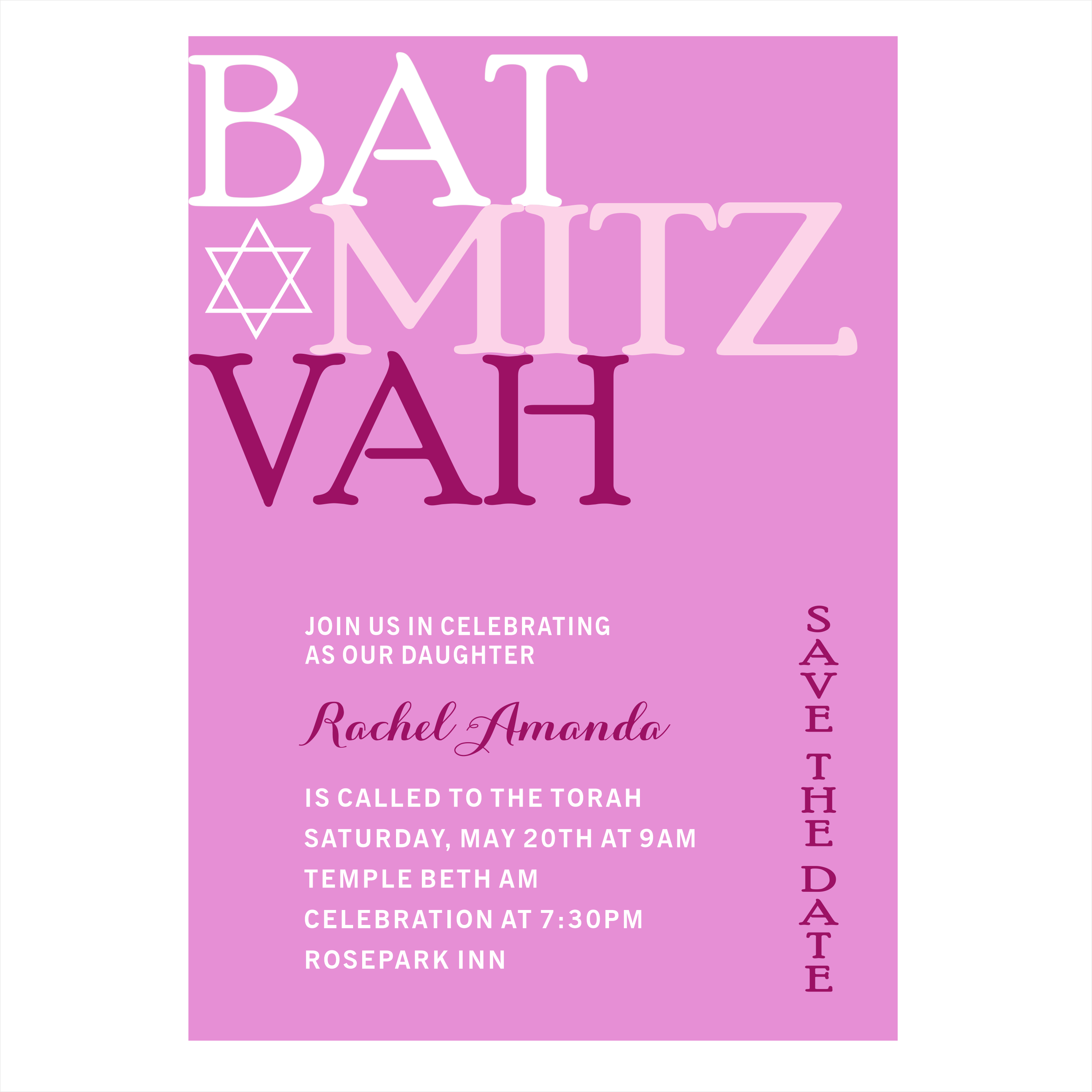 Bright Pink Bat Mitzvah Save the Date Magnet - Magnets and Labels